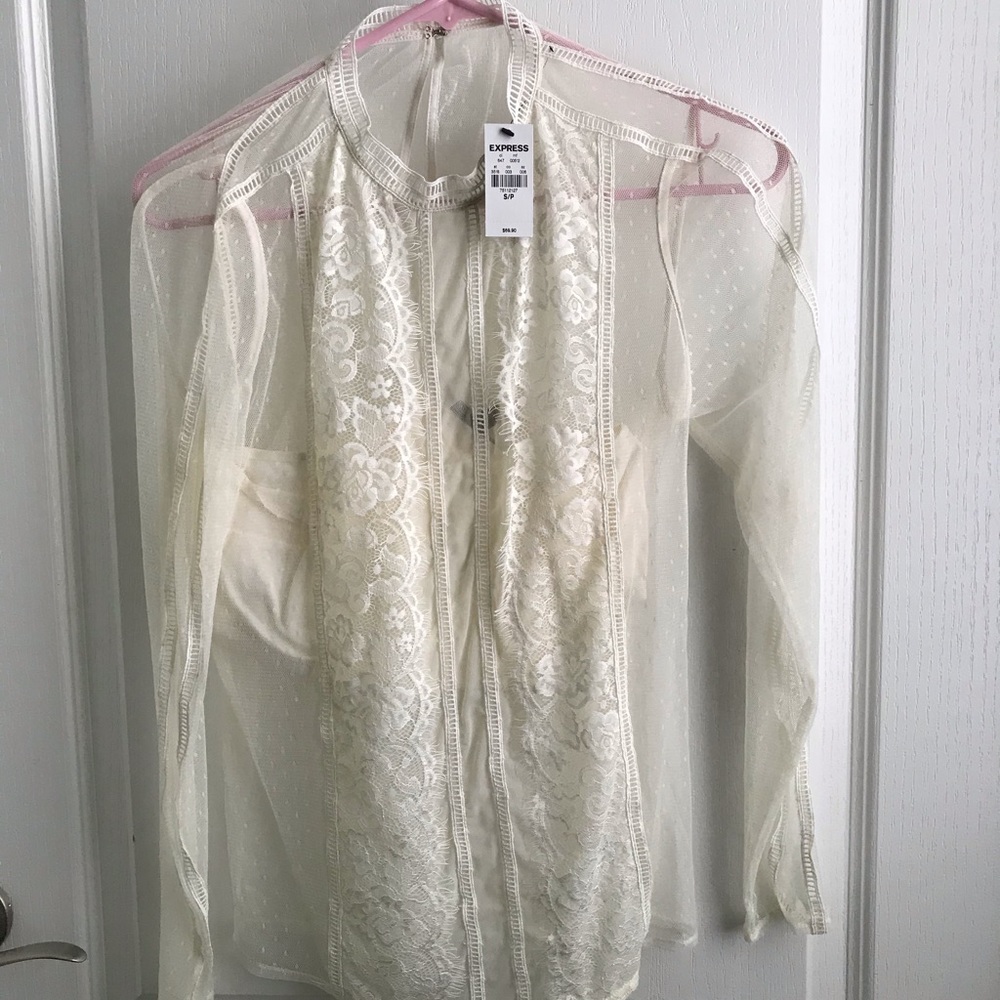Lace see-through,crew neck,bandeau long sleeve top